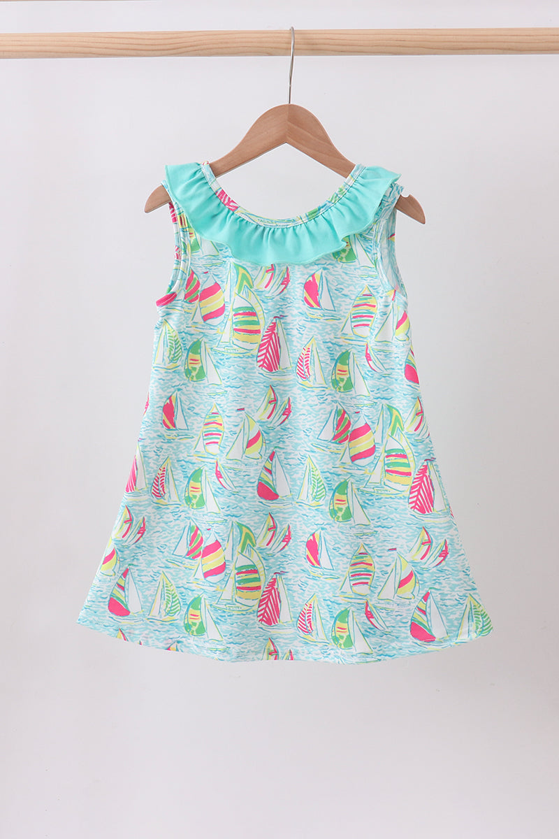 Blue sailboat print ruffle dress