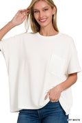 White Corded Rib Short Sleeve Front Pocket Top