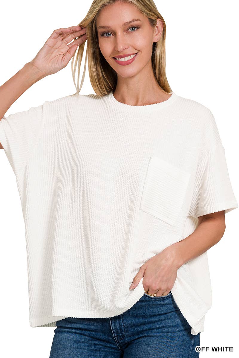 White Corded Rib Short Sleeve Front Pocket Top