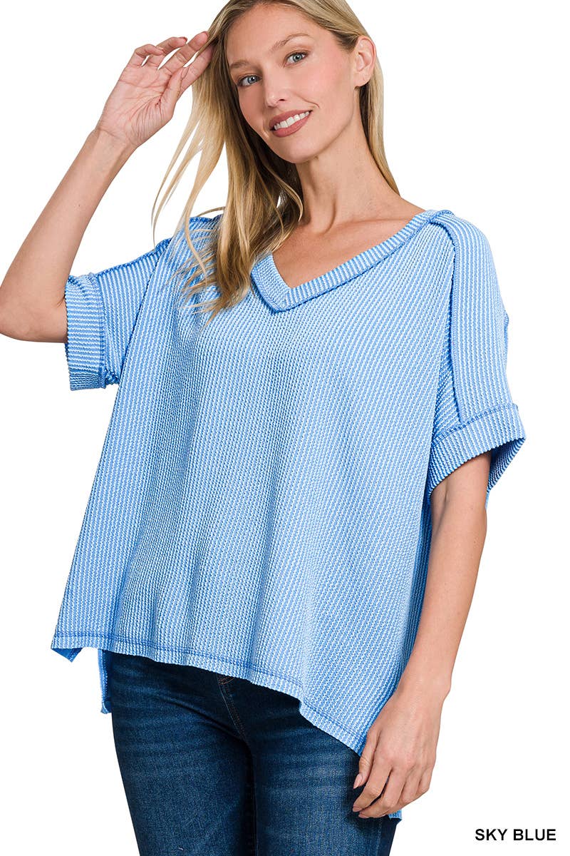 Sky Blue Corded Rib Short Sleeve V Neck Top