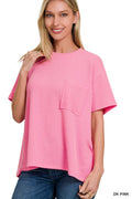 Pink Corded Rib Short Sleeve Front Pocket Top