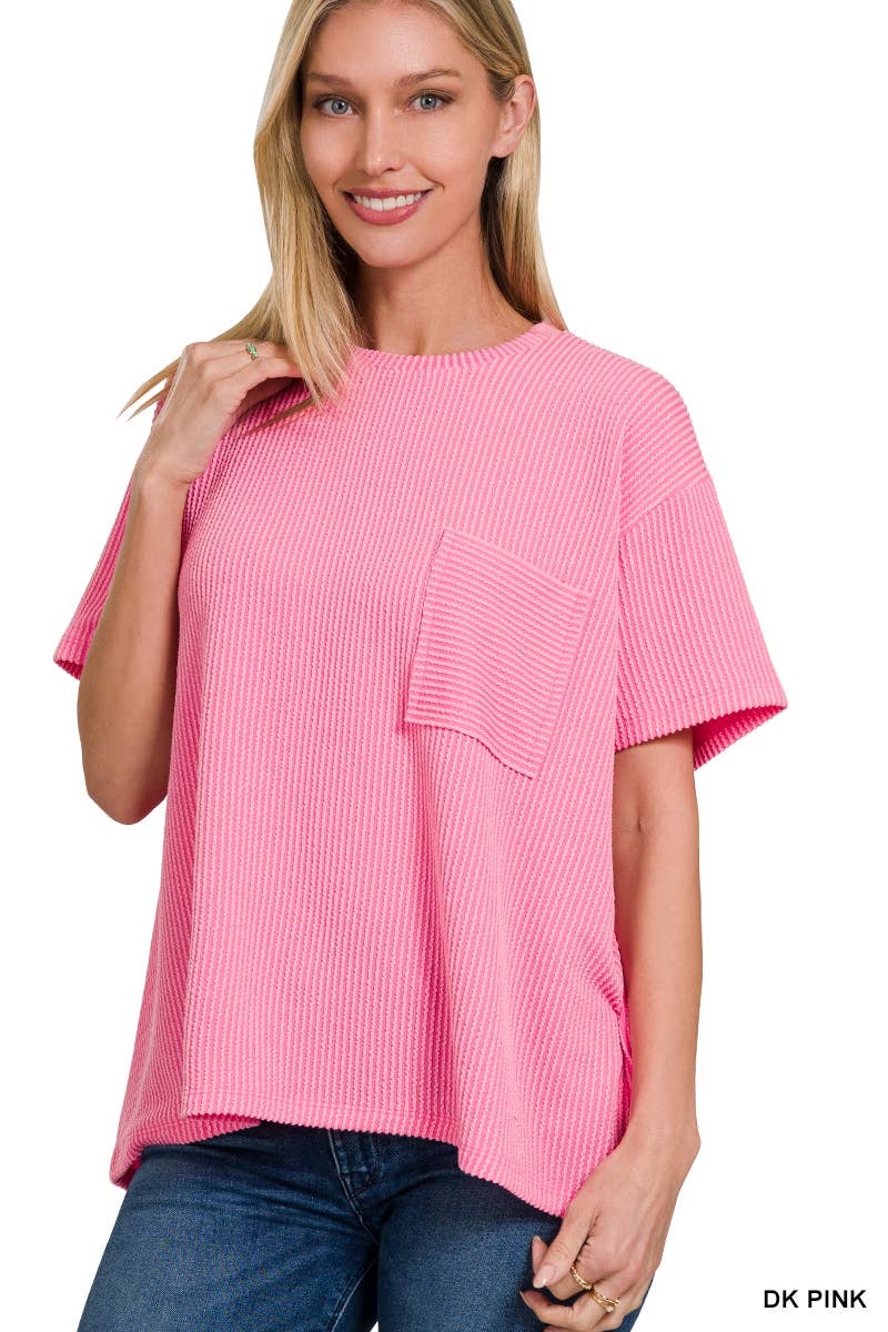 Pink Corded Rib Short Sleeve Front Pocket Top