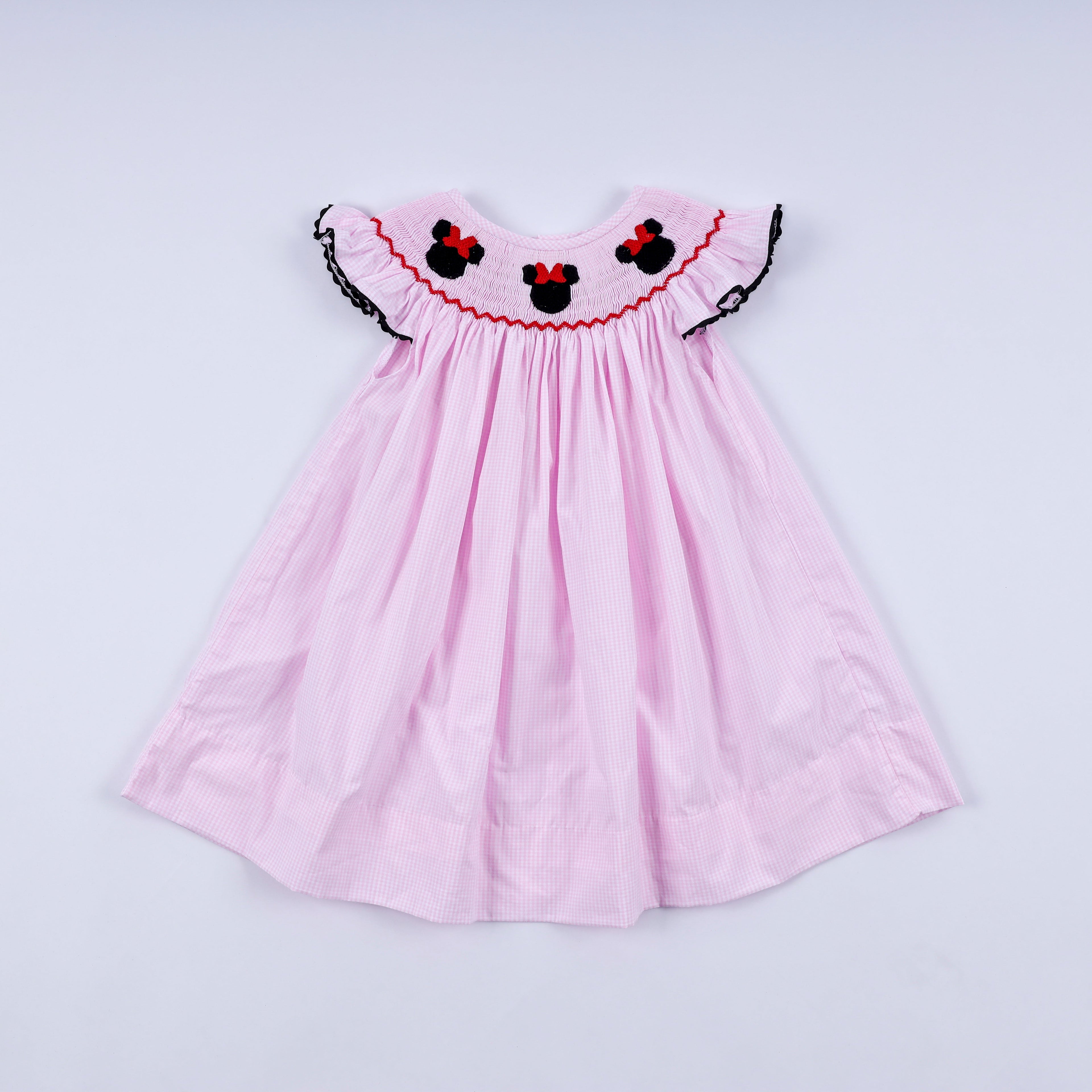 Red character hand smocked plaid ruffle dress