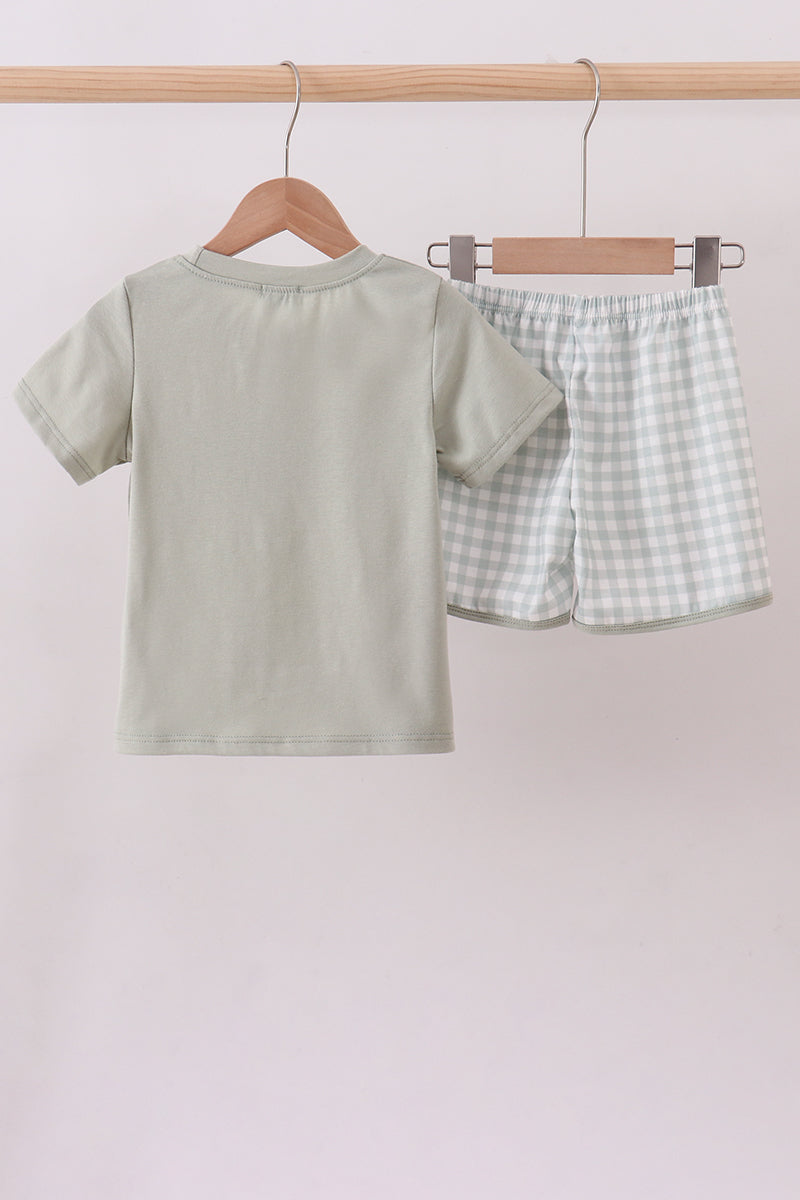 Green I love MOMMY smocked gingham shorts set