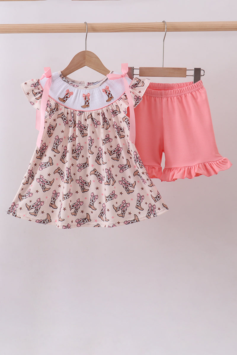 Western cowboy boots smocked ruffle shorts set