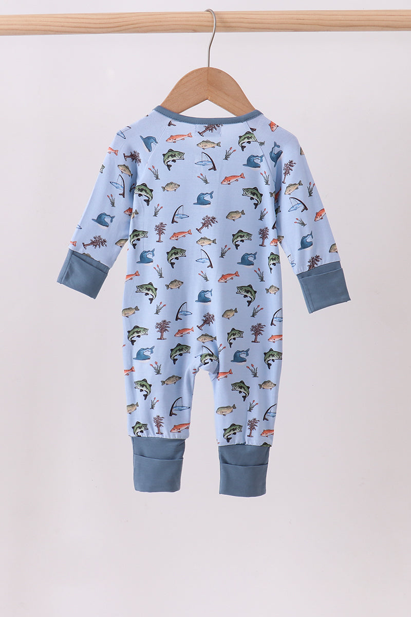 Green fish print bamboo romper